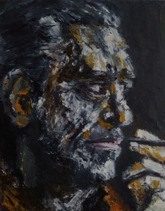 Charles Bukowski, Based on the photo by Michael Montford, Oil on Canvas 14x11", © Copyright 2011 Alan Derwin